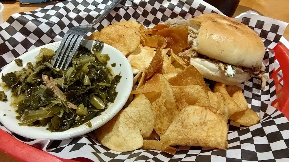 Pulled Pork Sandwich Platter with Collard Greens and Chippers